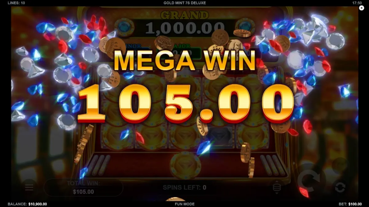 Gold Mint 7s Deluxe slot machine interface with gold and jewel theme